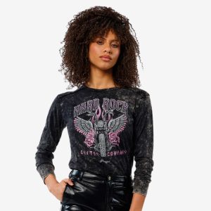 Ladies fit Long Sleeve Tee with Bling Motorcycle Design in Black