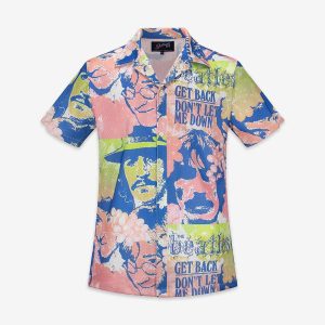 The Beatles Portrait Mesh Short Sleeve Button Down in Blue