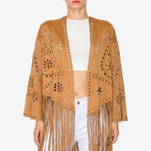 Vegan Suede Laser Cut Fringe Jacket in Camel
